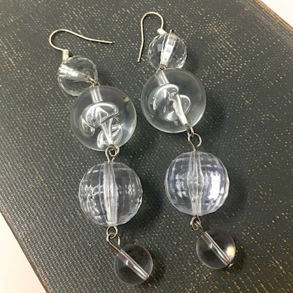 1970s Four Drop Clear Round Faceted Acrylic Chandelier Bauble Dangle Earrings